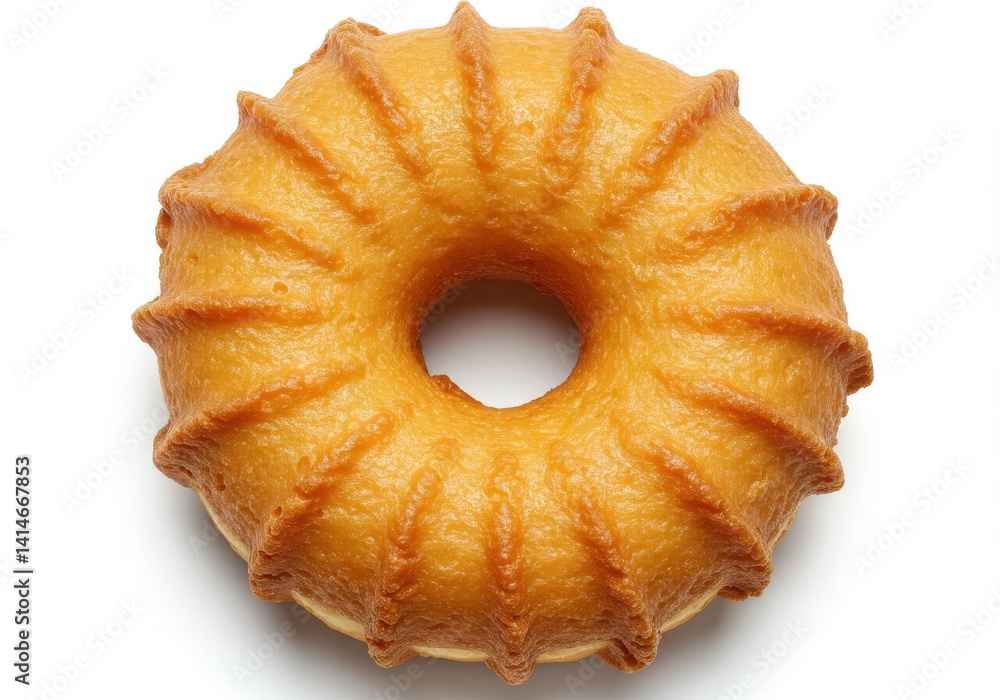 Poster a single donut with a shiny glaze and a ribbed design on a white background in a close up shot view