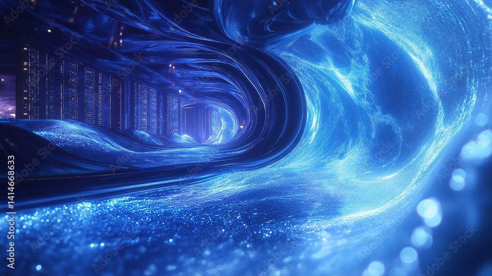 Poster futuristic data center with blue energy waves flowing through server racks symbolizing digital power
