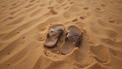 A high-angle close-up view of a pair of brown leather sandals on a sandy beach.