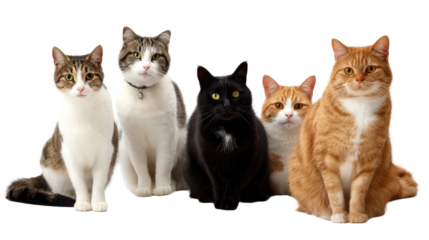 Feline Formation: A portrait of five domestic cats of different breeds, sitting side by side, each with their unique markings and expressions. Capturing the essence of feline companionship.