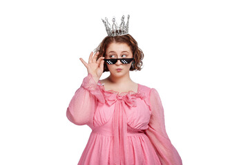 An modern sigma girl in modern pixel sunglasses and a crown. Minimal pop culture concept art....