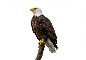 Obraz premium A bald eagle perched on a branch against a white background looking to the left of the frame
