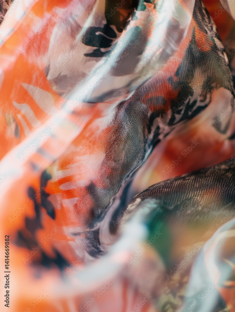 Poster abstract floral fabric with vibrant orange hues and delicate mesh texture creating a soft artistic e