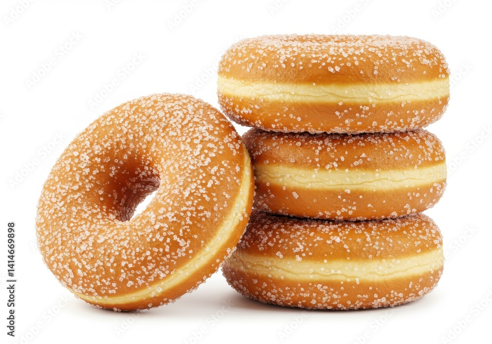 Poster a stack of four sugar coated donuts with one leaning on the side on a plain white background view