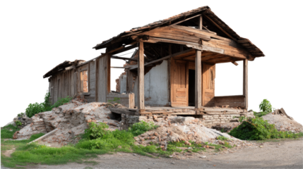 Dilapidated Structure: A weathered, historical wooden structure, its facade worn by time, stands amidst crumbling foundations, whispering tales of resilience and forgotten eras.