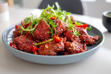 Chongqing Chicken served on blue plate with red chilies, sesame seeds, arugula. Concept of Chongqing Chicken highlighting numbing spicy chicken in indoor setting.