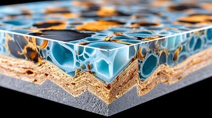 Fototapeta premium Cross section of Teal and Gold Resin Composite Material with Layered Structure