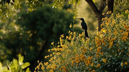 Black bird perched on yellow flowers, garden sunset, peaceful nature