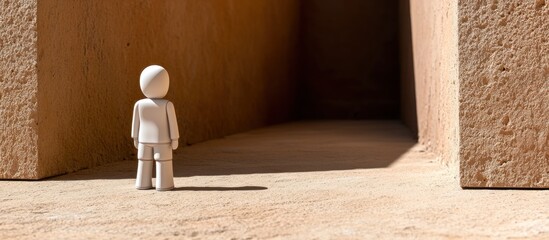 Figure stands before doorway, desert setting, sunlight, choice