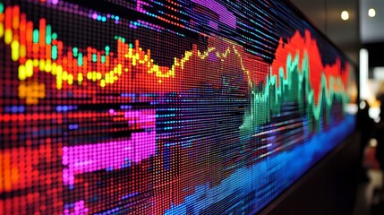 Wall Street's Dynamic Display: A detailed view of a vibrant, high-definition display showcasing the fluctuating data and visual representation of the financial market.