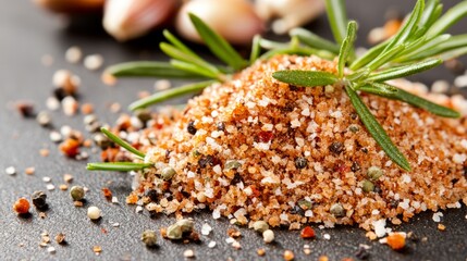 A vibrant pile of seasoned salt blend topped with sprigs of rosemary, ideal for enhancing flavors in cooking or showcasing gourmet food preparations