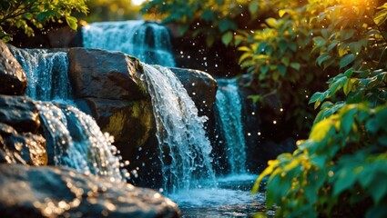 Fototapeta premium Cascading Waterfall Flows Over Rocks Surrounded by Lush Greenery