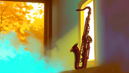 Digital sketch, brass saxophone silhouetted against rustic wall, strong hard light, vibrant complementary blues greens purples, dynamic motion, loose painterly strokes, misty atmosphere, blurred lines