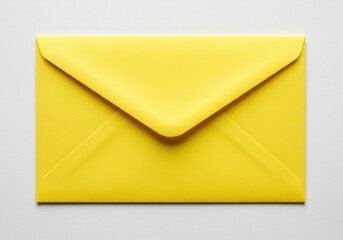 A close up shot of a bright yellow envelope on a white surface with a triangular flap closure design
