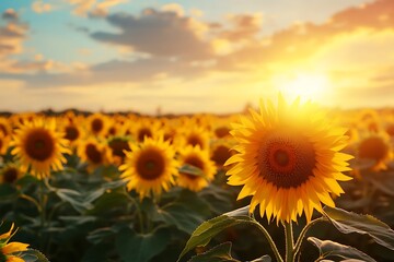 Fototapeta premium Sunflower Field in Golden Hour; Blooming Flowers, Sunset, Landscape, Summer Day, Bright