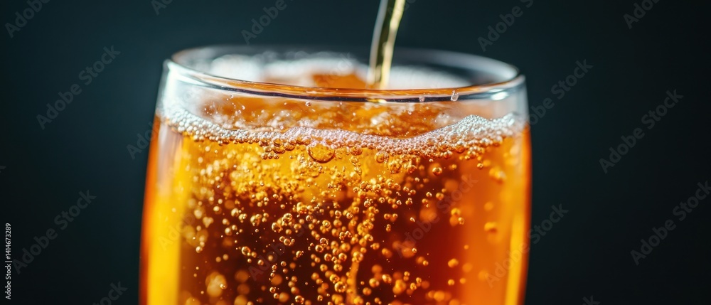 Poster refreshing amber beverage being poured into a glass creating bubbles on a dark background in a close