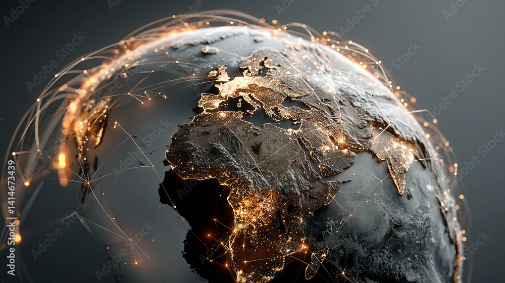 Poster 3d rendering of the globe. networks are visible around the earth, simulating communication or transp