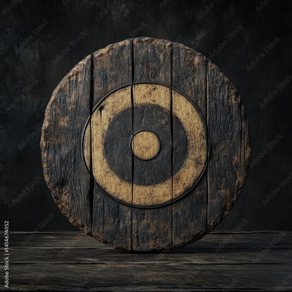 Poster rustic wooden target with concentric circles on dark background creates a vintage and textured compo
