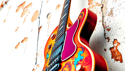 A bold acrylic painting features an electric guitar against a rustic wall.  Vibrant, electric colors and textured brushstrokes create a dynamic and expressive portrayal of the guitar and its surroundi