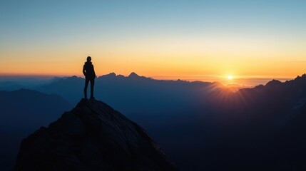 Fototapeta premium Silhouette of a person standing on a mountain peak at sunrise