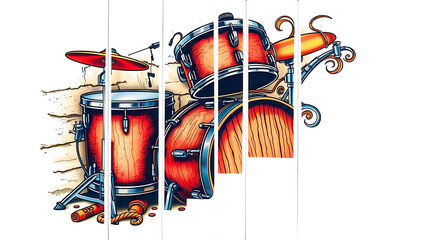 a vintage drum set leaning against a textured, rustic wall. The drums have a natural wood finish with a glossy sheen, showcasing a traditional body shape with a rounded belly and a narrow rack tom. 
