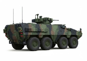 Fototapeta premium Rear view of a camouflage armored vehicle with eight wheels and turret on a white background