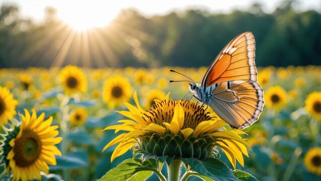 Butterfly Resting on Sunflower in Field at Sunrise with Warm Light