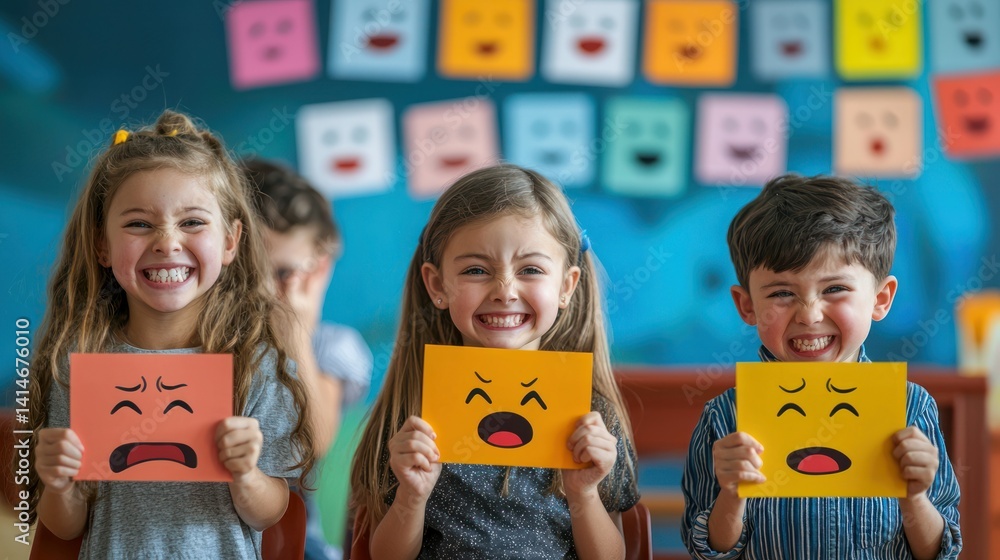 Poster a classroom setting where children are holding up cards showing different facial expressions, repres