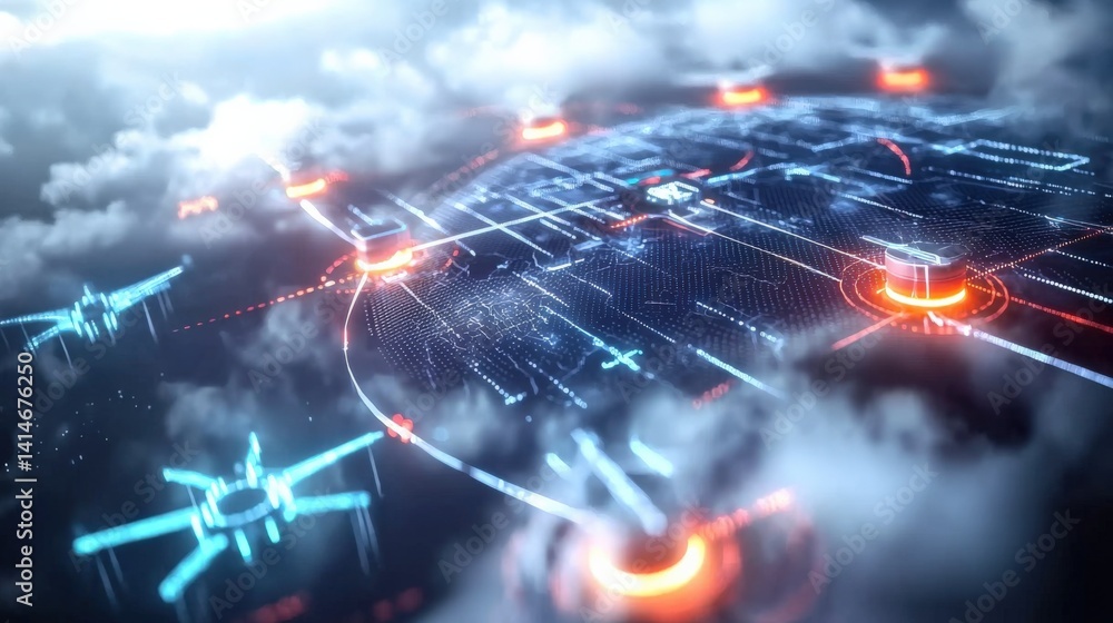 Poster futuristic drone network simulation digital environment 3d visualization cloudscape aerial perspecti
