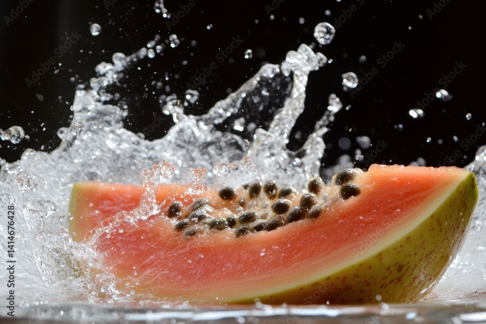 Poster fresh papaya slice with water splash on black background creating a refreshing and vibrant visual mo