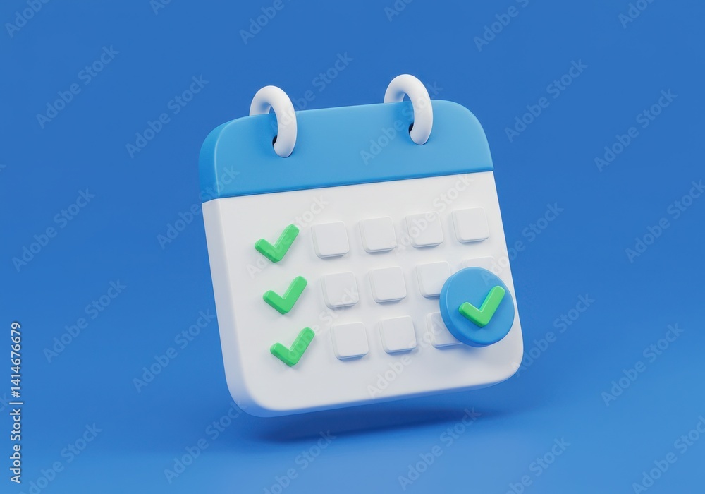 Poster a calendar with check marks on a blue background indicating tasks completed and schedule management