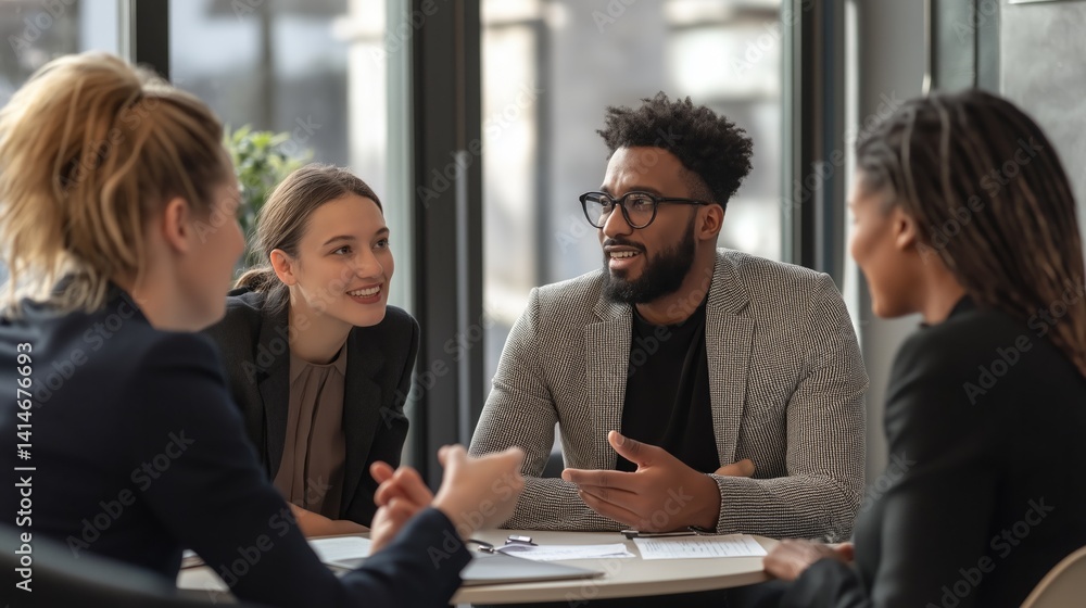 Poster in a modern office setting, four professionals engage in a lively discussion, sharing insights and b