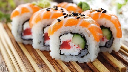 Fresh Salmon Sushi Rolls on Bamboo Tray with Tasty Ingredients