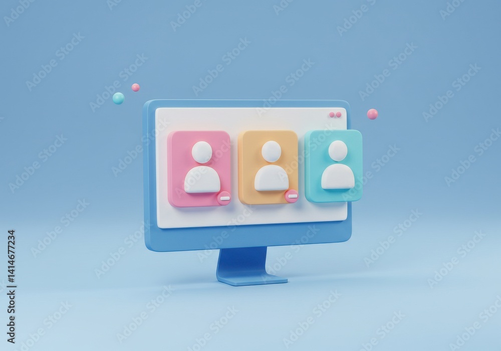 Poster a computer screen showing three profile icons with pink orange and blue backgrounds on a blue backgr