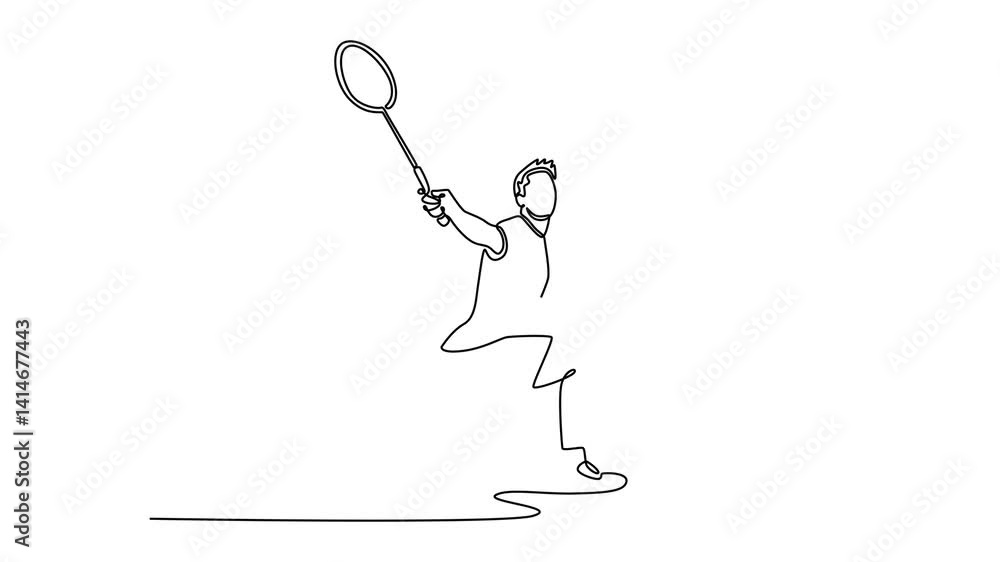Poster animated self drawing of continuous line draw professional badminton player get ready to receive shu