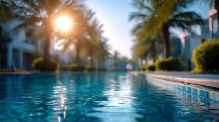 Fototapeta premium Swimming Pool Water Reflecting Palm Trees on a Sunny Day