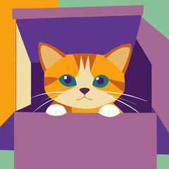 A curious orange kitten peeking playfully from a purple box, showcasing vibrant flat colors and bold geometric shapes.