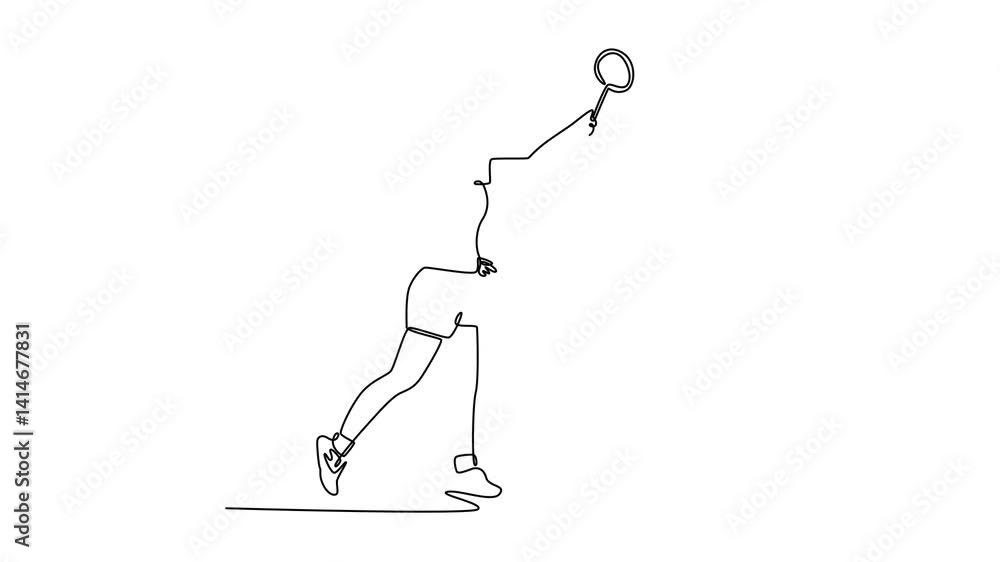 Poster self drawing animation single line draw female badminton player get ready to receive shuttlecock fro