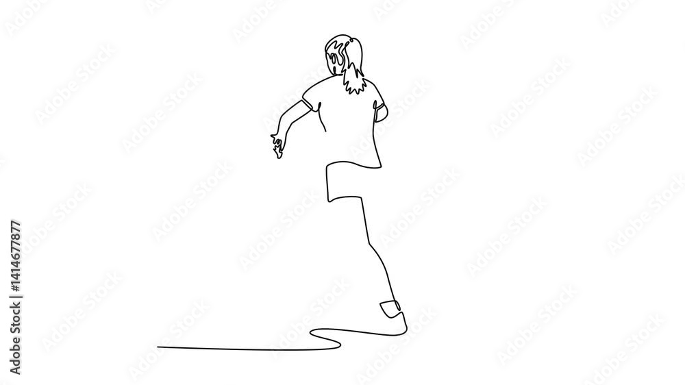Poster self drawing animation of single line draw back view of female badminton player in sport clothes hol