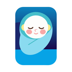 A peaceful newborn swaddled in a soft blue blanket, sleeping soundly in a calming night-blue backdrop, depicted in a simple, charming illustration style.