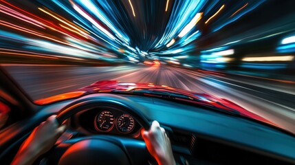 Teenager driving a car at high speed with intense motion blur in background. Dangerous street racing and lack of control, perfect for road safety awareness and reckless driving prevention concept.