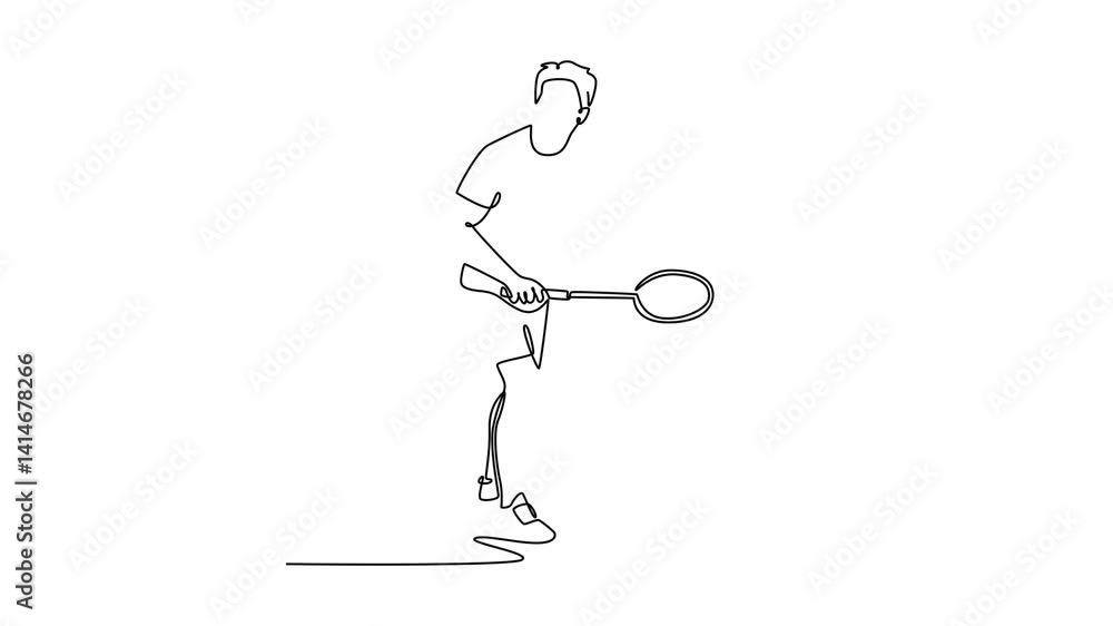 Poster animated self drawing of continuous line draw strong badminton player in sportswear stands holding r