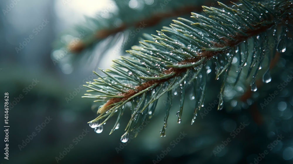 Poster pine branch with raindrops close-up evergreen freshness in forest macro