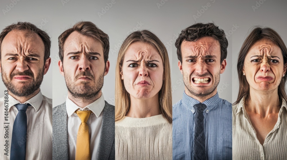 Poster a group of people standing in a line, each with a different expression, showcasing a range of emotio