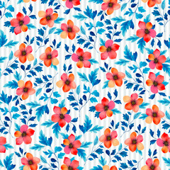Watercolor Seamless Flowers with Stripes. Hand Drawn Digital Floral Illustration