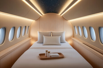 Premium cabin with constellation-inspired ceiling lighting, amenities on elegant tray, sumptuous bedding visible on converted suite, perfect for luxury experience and exceptional service concept.