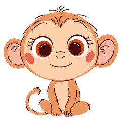 Cute vector illustration in a simple childish style. Cute baby monkey with big eyes on white background. Vector illustration
