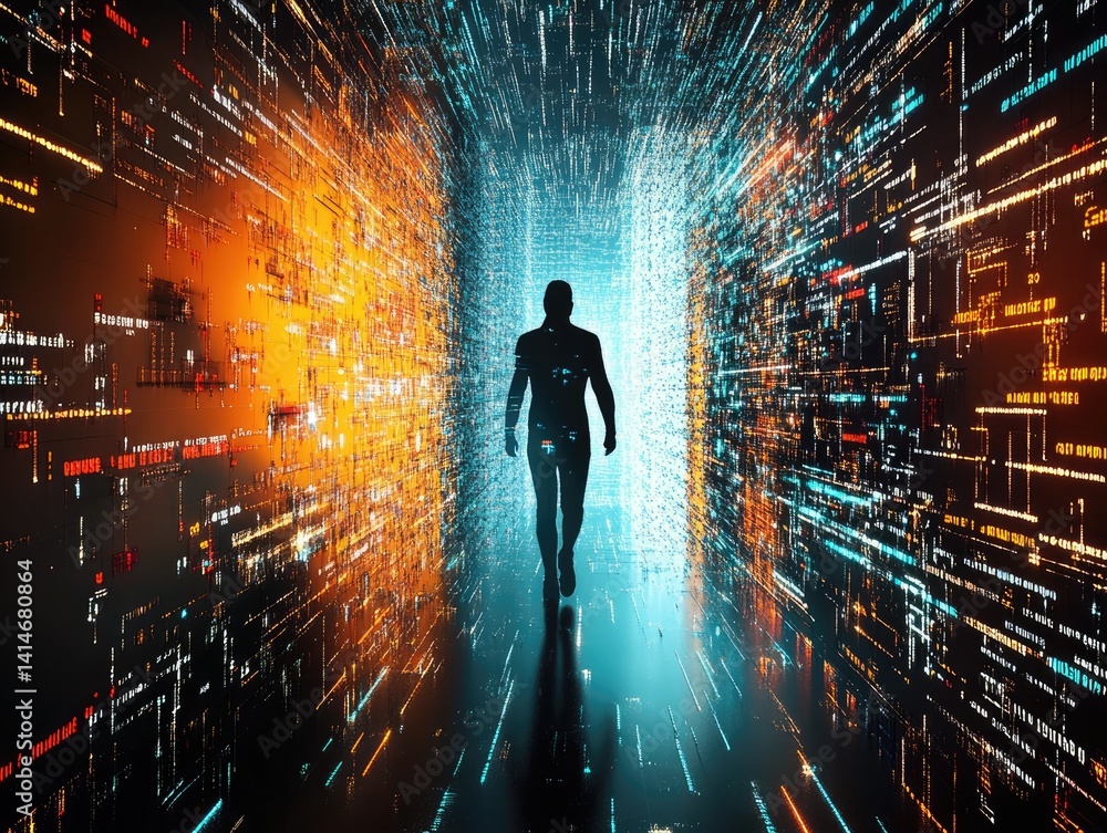 Poster digital corridor: man walks through data stream.