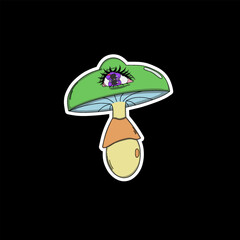 Psychedelic sticker, mushroom with a purple split eye, a surreal illustration in vivid neon colors with elements of dreamlike fantasy.