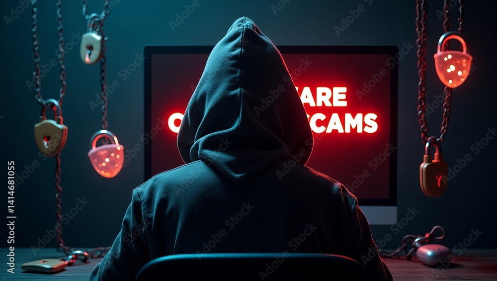 Poster a mysterious figure in a hoodie sitting in front of a computer screen, warning against online scams.